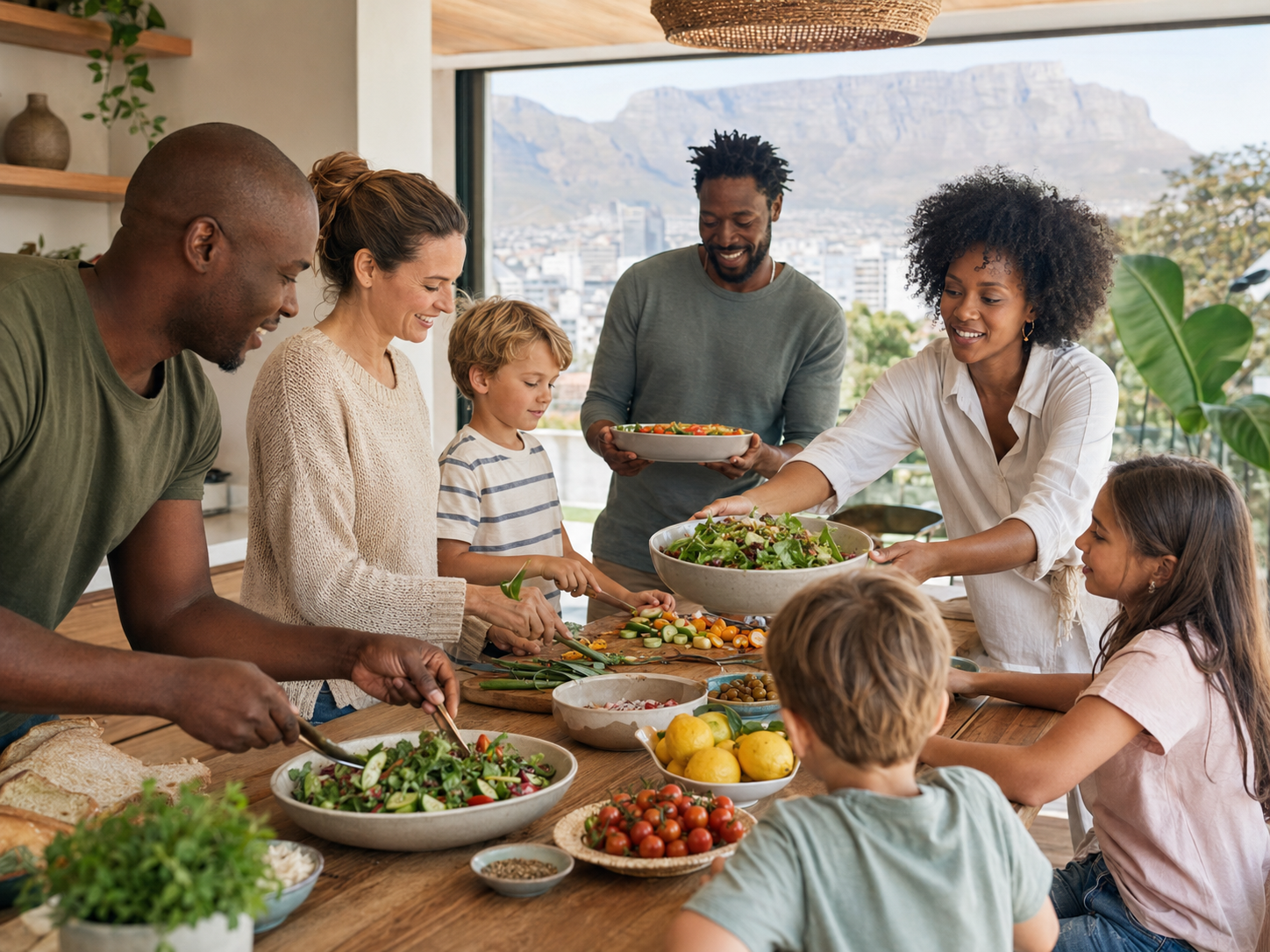 A diverse South African family and friends preparing a meal together
