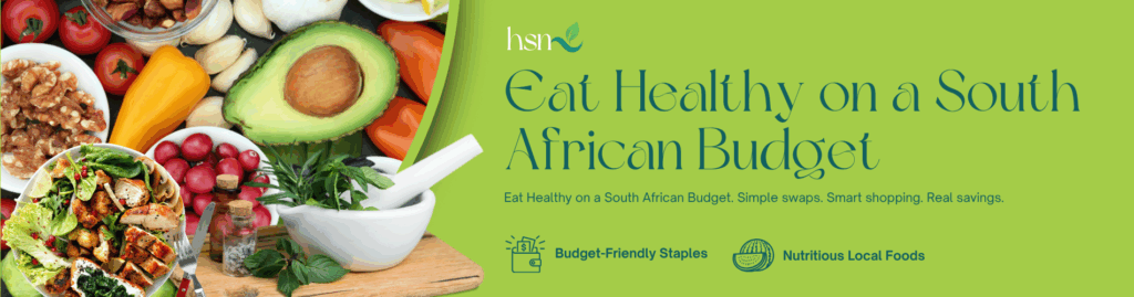 A colourful spread of budget-friendly whole foods, fresh vegetables, grains, and simple home-cooked meals representing affordable healthy food in South Africa on a family budget.