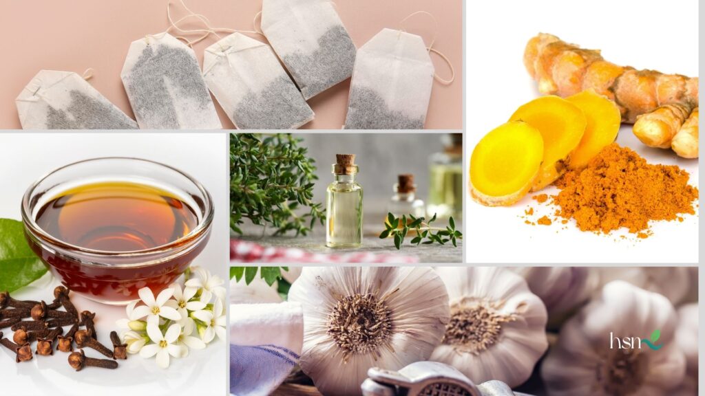 home remedies for toothache including ginger, tea compress, garlic and clove buds and oils