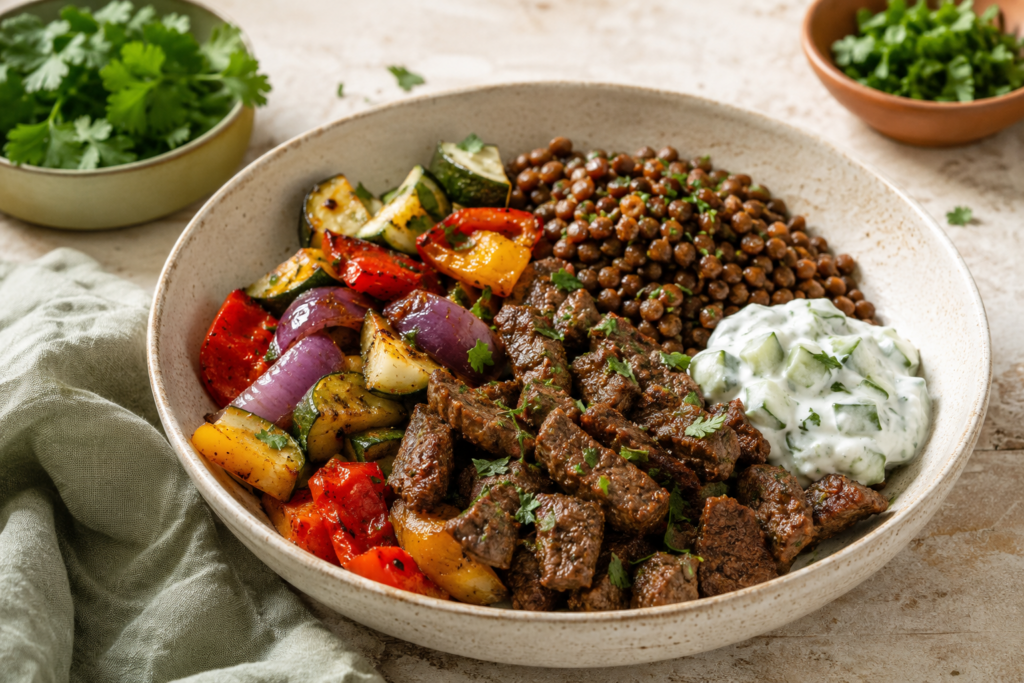 Spiced Beef, Lentil and Roast Vegetable Bowls