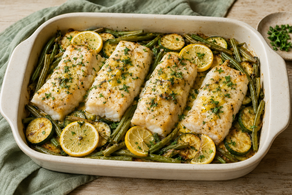 Lemon-Butter Hake with Green Beans and Courgettes