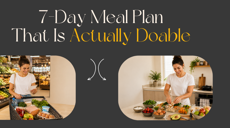 Woman shopping for fresh groceries before meal prep and preparing healthy meals at home as part of a weight loss 7 day diet plan // Health Some More