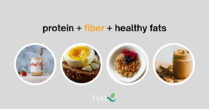 Four healthy breakfast ideas illustrating a protein, fiber and healthy fats formula: yogurt with strawberries, egg on whole-grain toast, oatmeal with berries and nuts, and a jar of nut butter // Health Some More