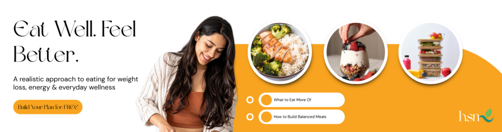 Woman preparing food beside images of a chicken, rice and broccoli bowl, yogurt with berries, and stacked meal prep containers, with text encouraging balanced eating for weight loss, energy and wellness // Health Some More