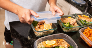Person meal prepping several glass containers filled with seasoned salmon, broccoli and grains on a kitchen counter, with additional prepared food containers nearby // Health Some More