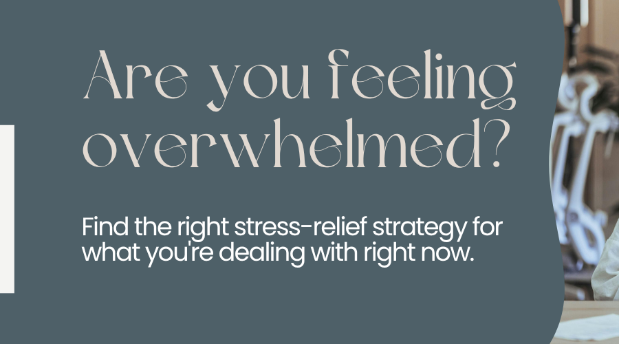 Woman practicing breathing exercises at her desk with the Stress SOS Flowchart showing different strategies for managing feelings of overwhelm // Health Some More