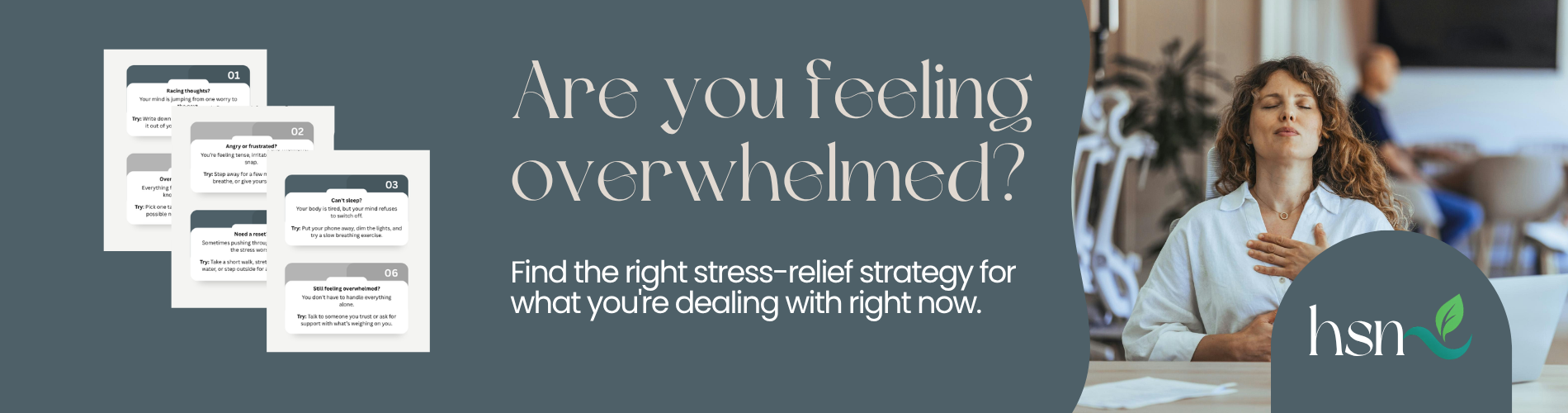 Woman practicing breathing exercises at her desk with the Stress SOS Flowchart showing different strategies for managing feelings of overwhelm // Health Some More
